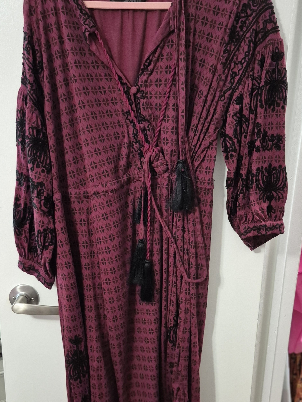 eshakti Burgundy and Black Boho Midi Dress with Embroidered Velvet Accents